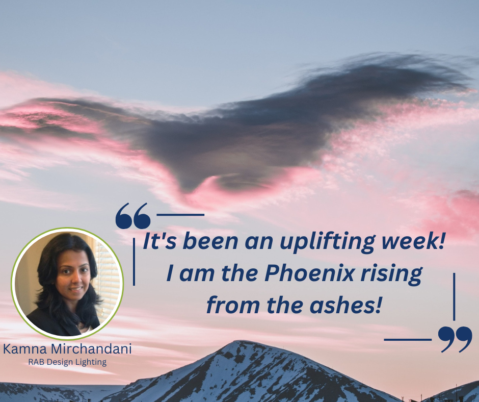 Image of a cloud formation that looks like a Phoenix rising about the mountains with an endorsement from Kamna Mirchandani that says"It's been an uplifting week!  I am the Phoenix rising from the ashes!